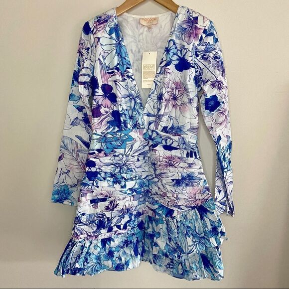 ROCOCO SAND Amaya Ruched Mini Dress In Blue Sz S - Picture 2 of 9